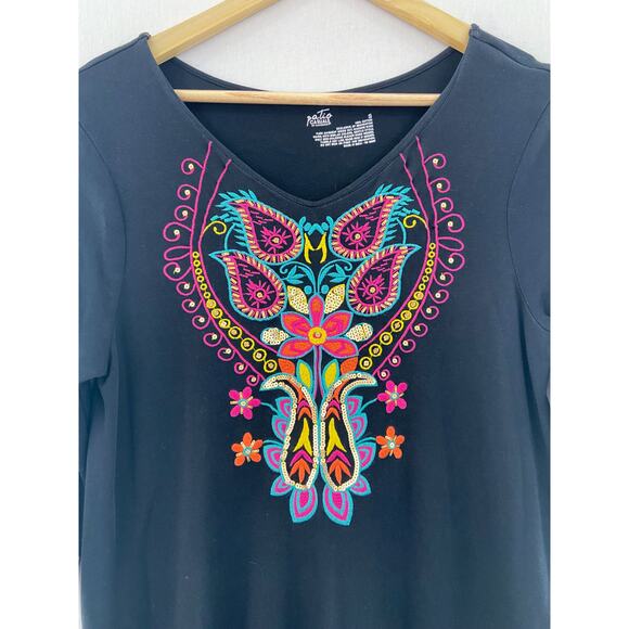 Patio Casuals Boho Patio Dress Small Black Embroidered Stretch Jersey Dress Midi - Picture 5 of 6